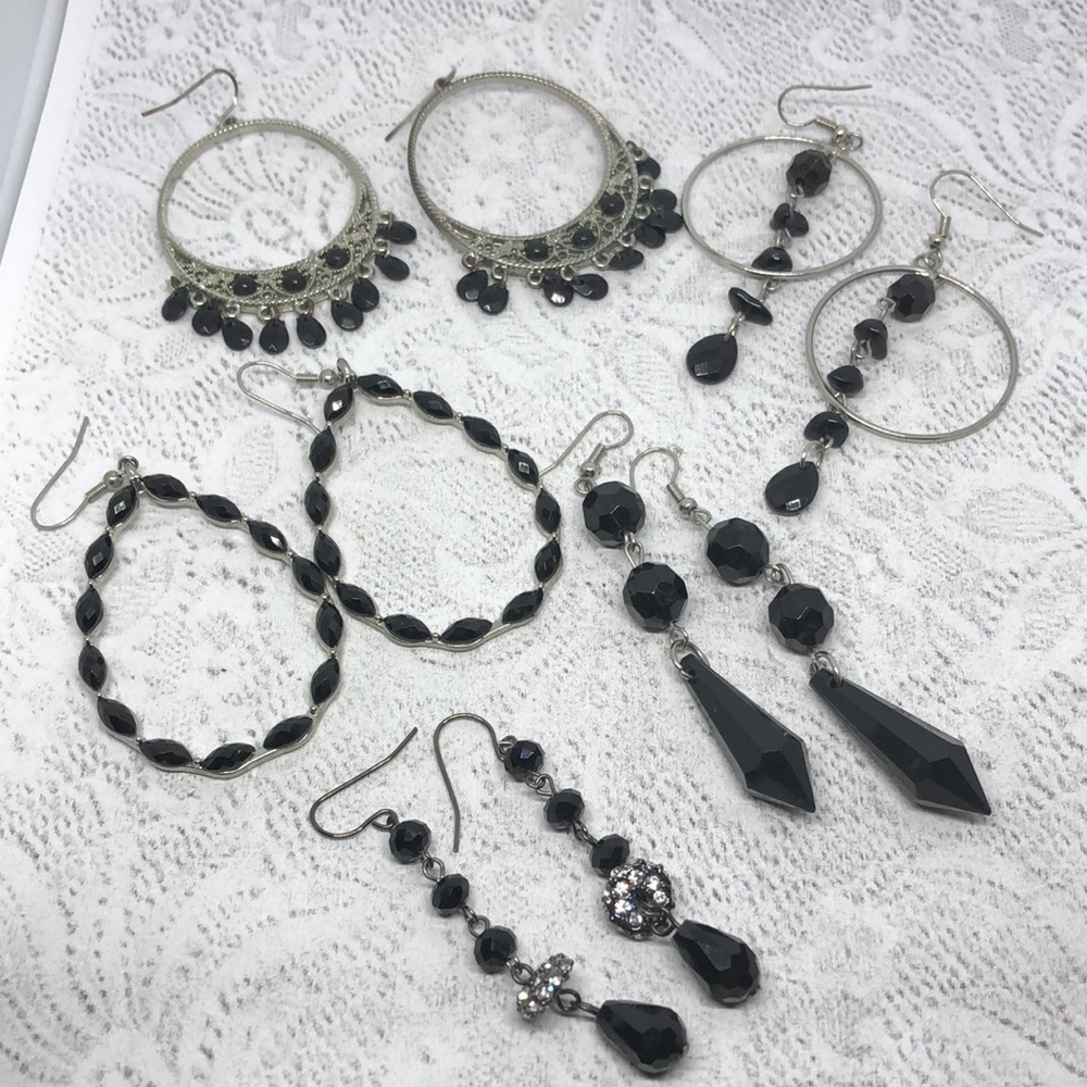 Black and silver tone boho style dangle drop earrings statement